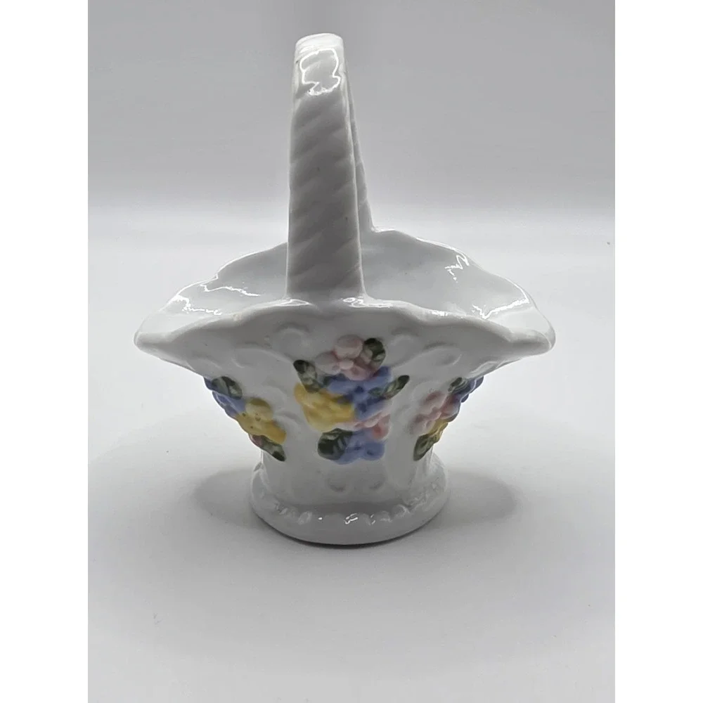 vintage porcelain basket And Vase With Beautiful Blue Pink Yellow Flowers